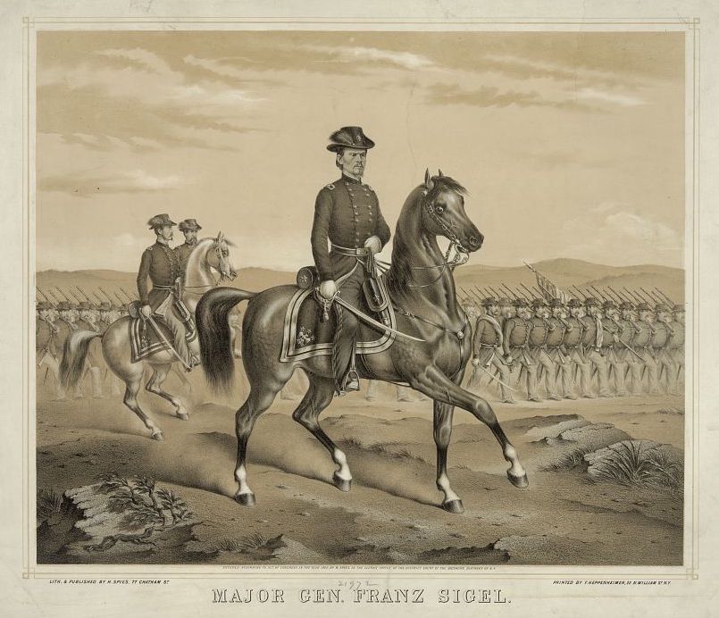 Image of Franz Sigel on horseback, facing right, with troops lined up behind him